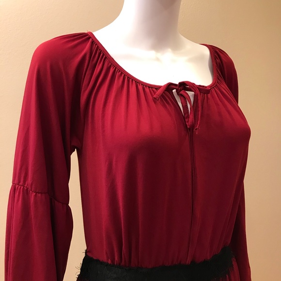 Kaktus Burgundy Jersey Top Womens Size Small Black Lace Trim Swing Tee - Picture 5 of 14